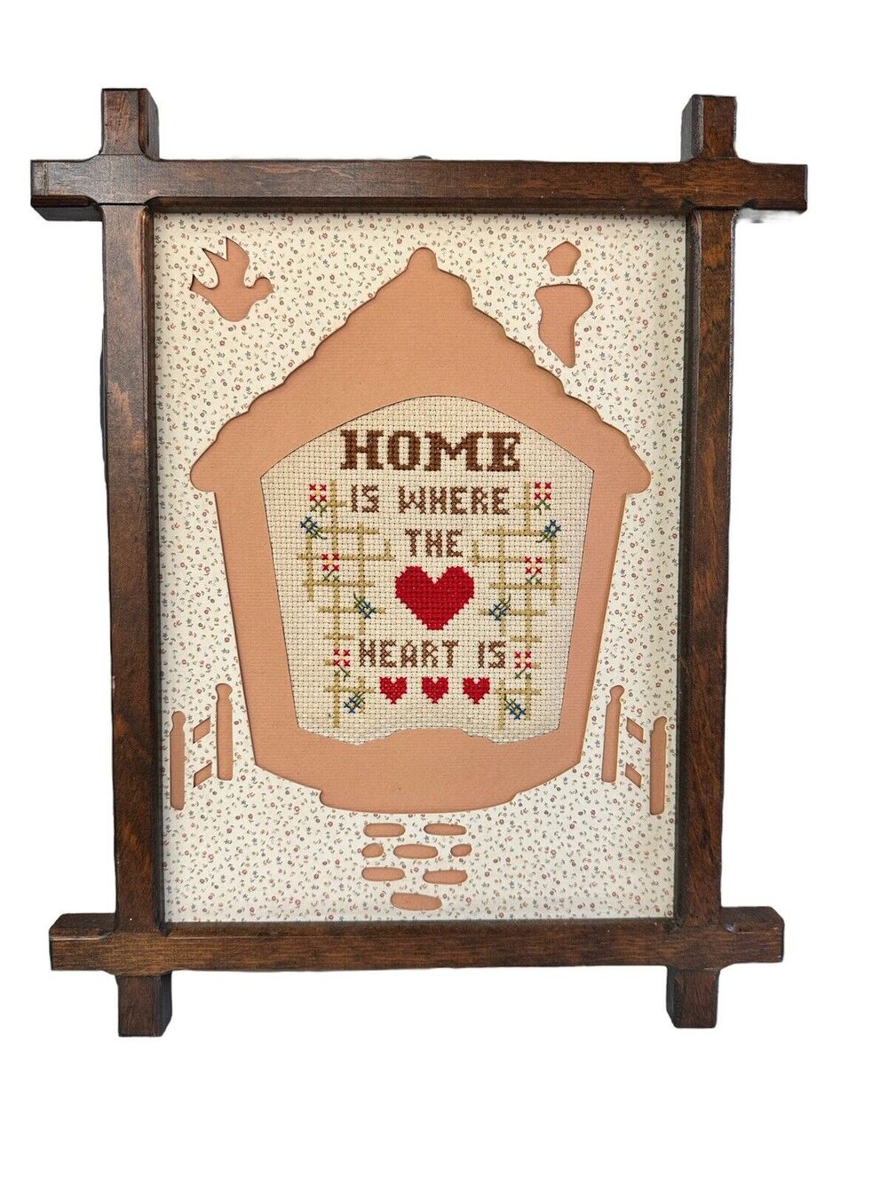 Vintage Handmade Framed Cross Stitch Home Is Where The Heart Is Collectible